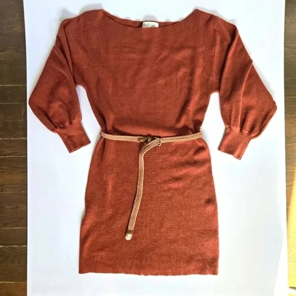 Peach Love terracotta orange sweater dress puff long sleeve knit sz M - Picture 2 of 10